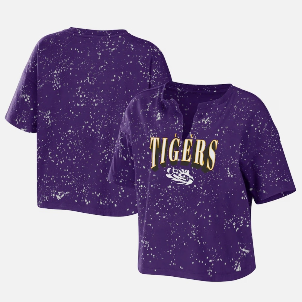 Wear by Erin Andrews Women’s LSU Tigers Bleach Wash Splatter Cropped T-Shirt